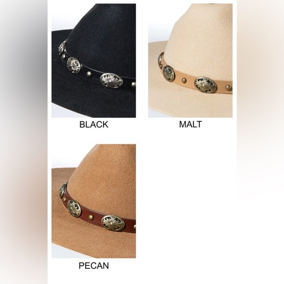 Western Inspired Wool Panama Semi Hard Brim Hat with Leather Trim Concho Detail